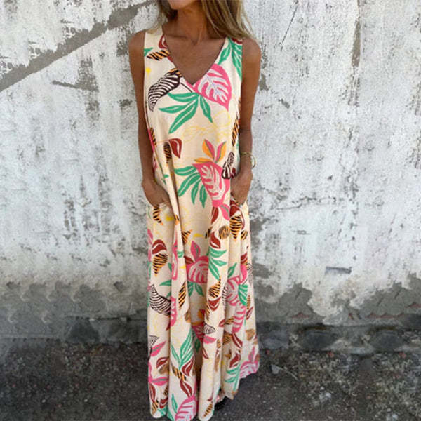 Damen luftiges Maxikleid mit floralem Muster und praktischen Taschen EB
