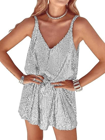Damen Glitzerndes Jumpsuit mit tiefem V-Ausschnitt und elastischer Taille EB