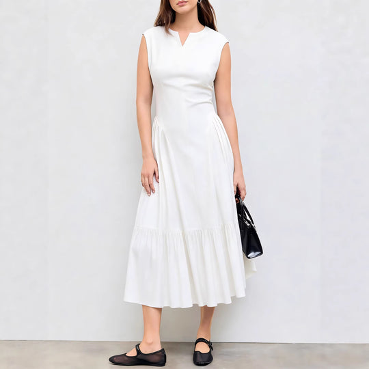 Damen elegantes Maxikleid mit voluminösen Falten und ärmellosem Design EB