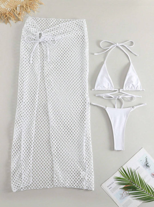 Damen Bikini-Set mit transparentem Netzrock und Triangel-Oberteil EB