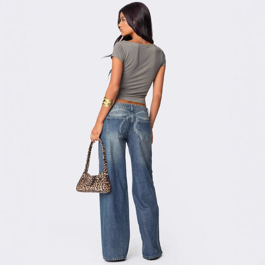 Damen Weit geschnittene Denim-Hose mit hohem Bund und modischen Details EB