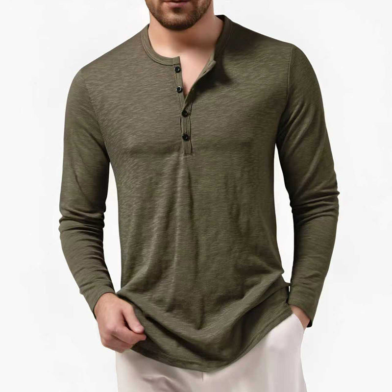 Herren nan Slim-Fit Henley Langarmshirt mit kurzem Knopfverschluss und abgerundetem Saum EB