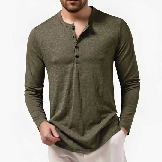 Herren nan Slim-Fit Henley Langarmshirt mit kurzem Knopfverschluss und abgerundetem Saum EB