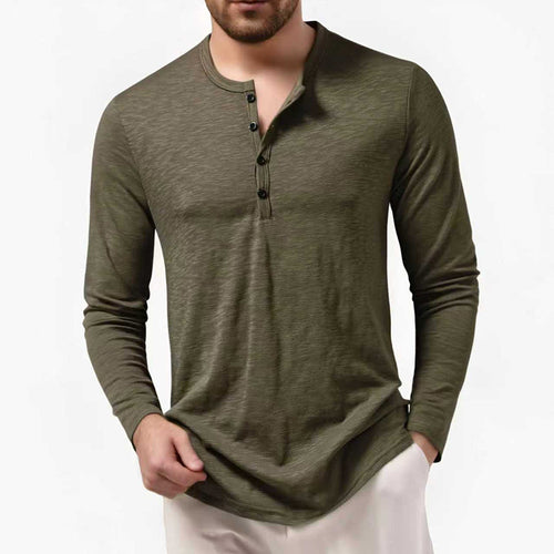 Herren nan Slim-Fit Henley Langarmshirt mit kurzem Knopfverschluss und abgerundetem Saum EB
