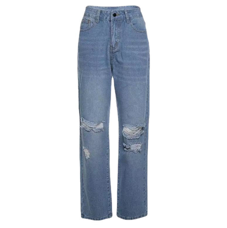 Damen Vintage-Style Mom-Jeans mit ausgefransten Rissen und hohem Bund EB
