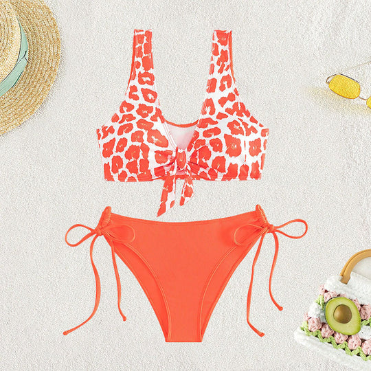 Damen Triangel-Bikini Set mit trendigem Leopardenmuster und verspieltem Knoten EB