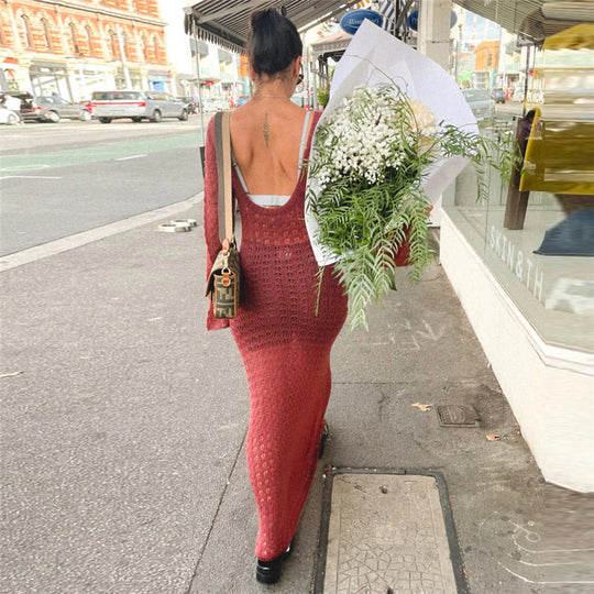 Damen Transparente Maxikleid mit strukturiertem Häkelmuster EB