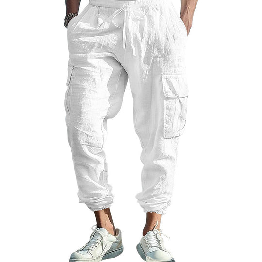 Herren bequeme Cargo-Hose aus leichtem Leinenmaterial mit elastischem Bund und praktischen Seitentaschen EB