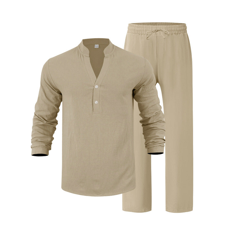 Herren entspannendes Langarm-Hemd & Freizeithose Set EB