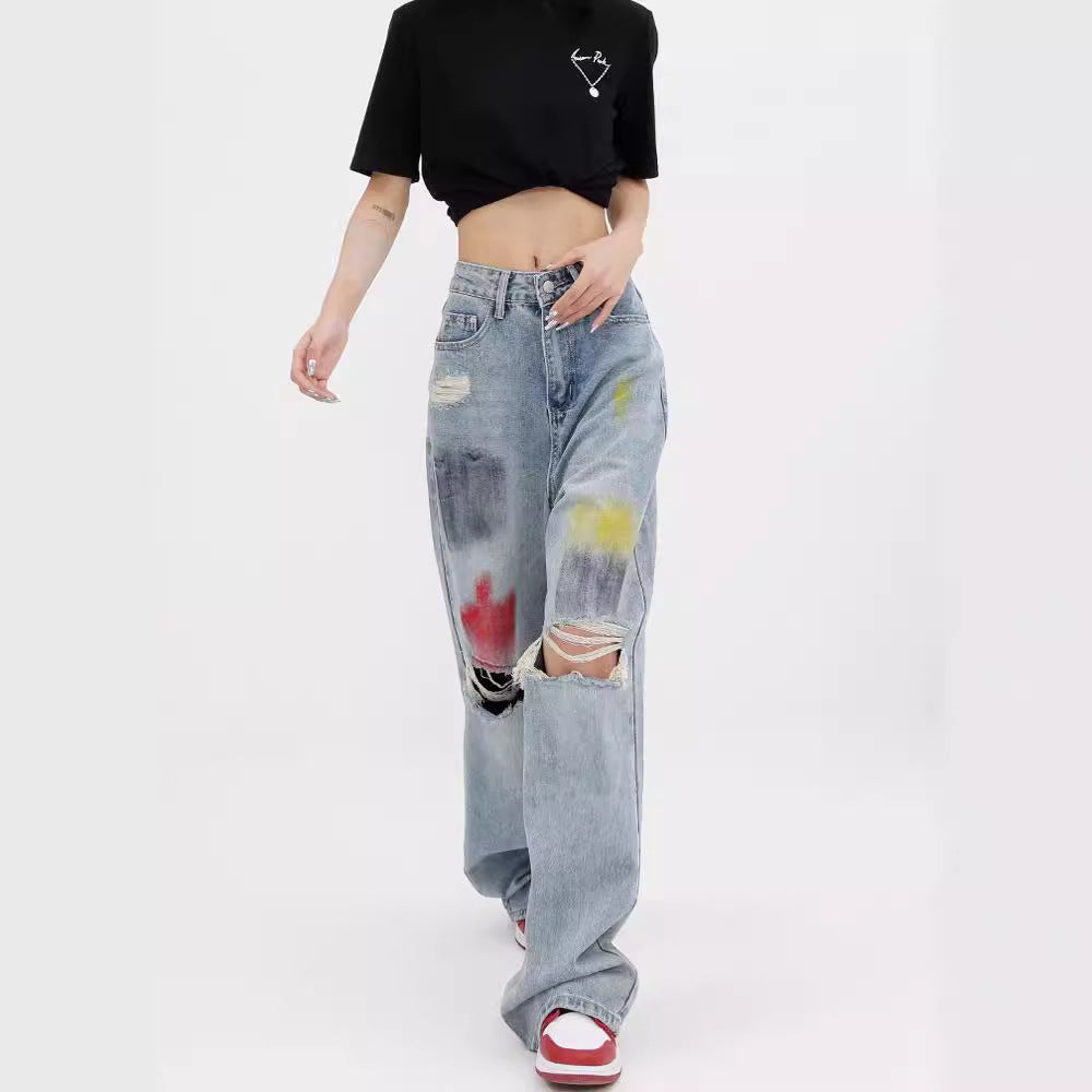 Damen Weite Destroyed Jeans mit bunter Akzentuierung und modischen Rissen EB
