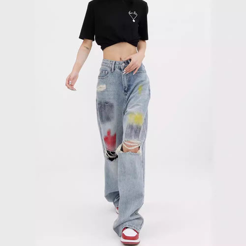 Damen Weite Destroyed Jeans mit bunter Akzentuierung und modischen Rissen EB