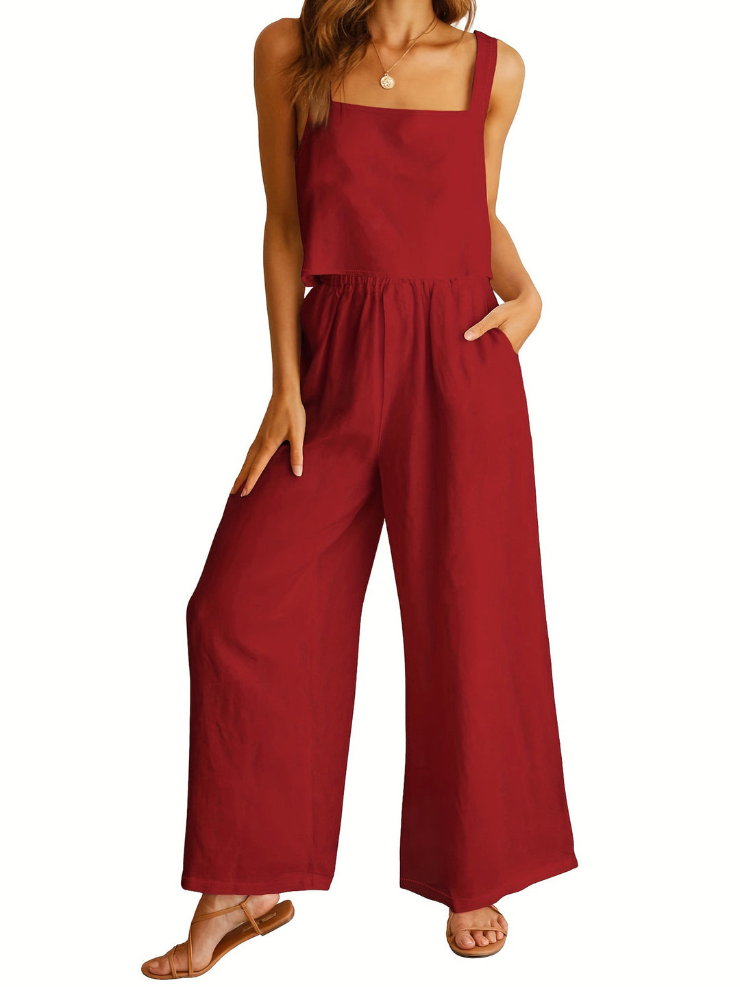 Damen Luftiger Jumpsuit mit weitem Bein und verstellbarem Taillenbund EB