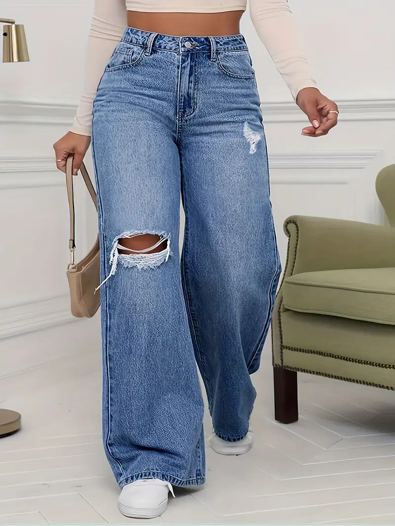 Damen Weite Jeans mit schicken Rissdetails und hohem Bund EB