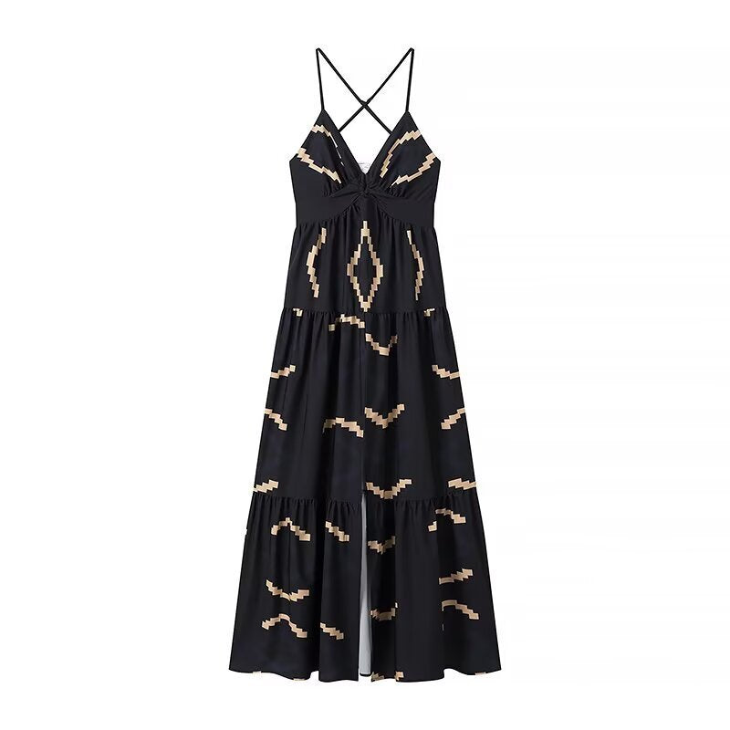 Damen Maxikleid mit elegantem V-Ausschnitt und tiefem Rüschensaum EB