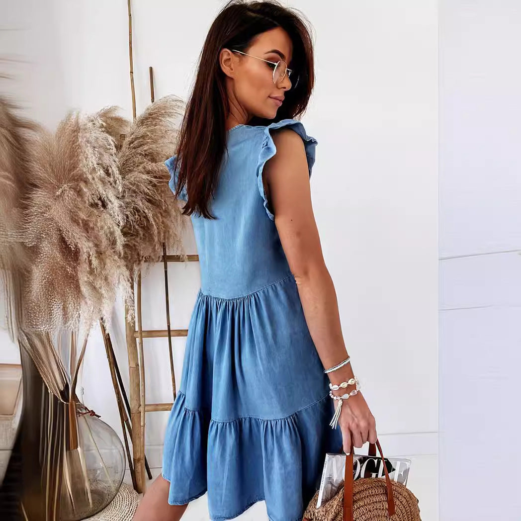 Damen Kurzarm Kleid im lässigen A-Linien Schnitt mit voluminösem Rock EB