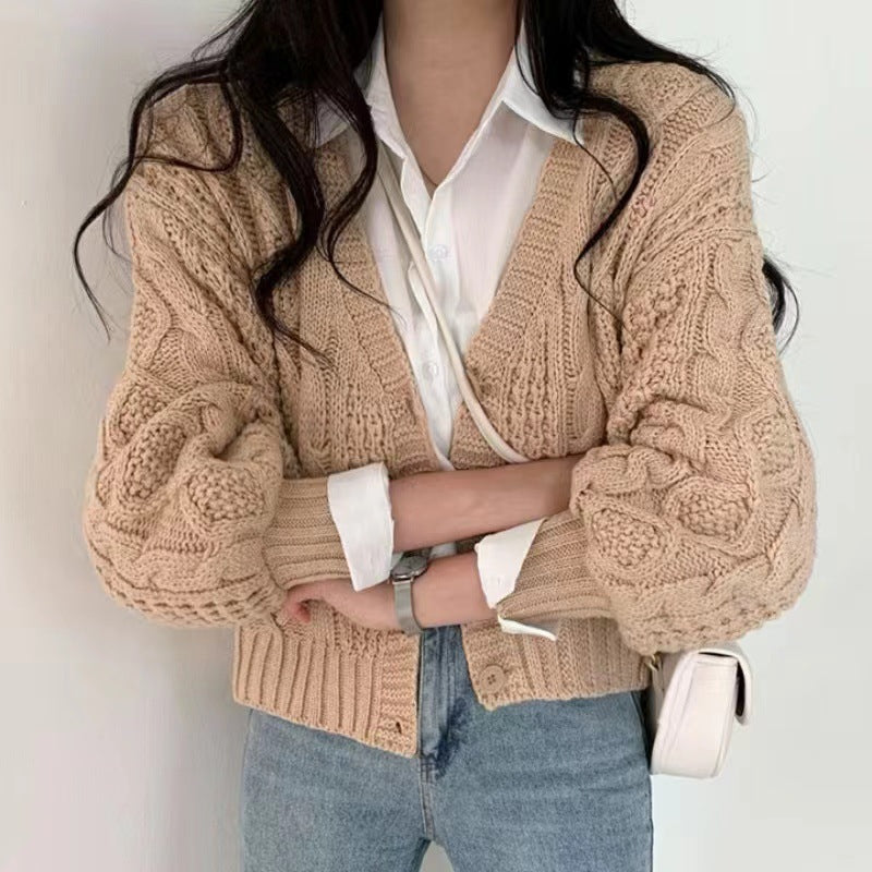 Damen Grobstrickcardigan mit voluminösen Ärmeln und strukturierter Oberfläche EB