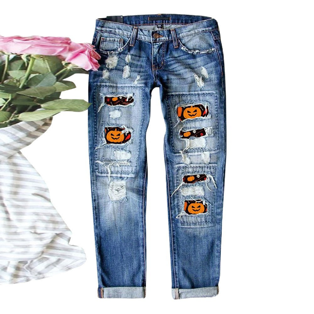Damen Ripped Jeans mit Halloween-Motiv EB