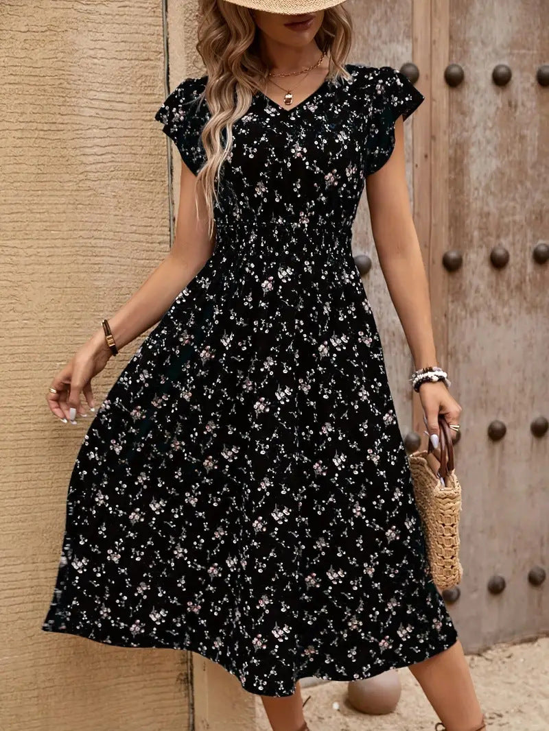 Damen Midikleid mit elastischem Tailleneinsatz und Rüschenärmeln EB