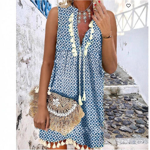 Damen luftiges Strandkleid mit dekorativen Fransen und floralem Muster EB