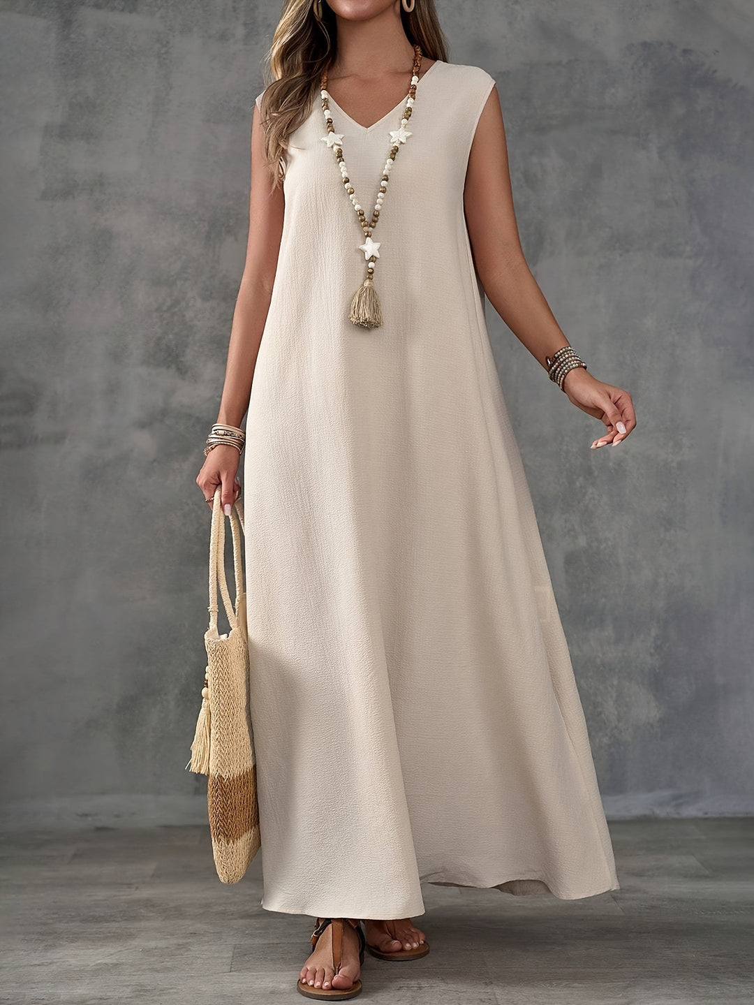 Damen Maxi-Strandkleid mit elegantem V-Ausschnitt und seitlichem Schlitz EB