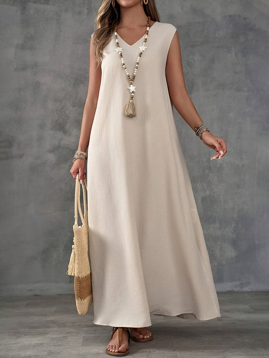 Damen Maxi-Strandkleid mit elegantem V-Ausschnitt und seitlichem Schlitz EB