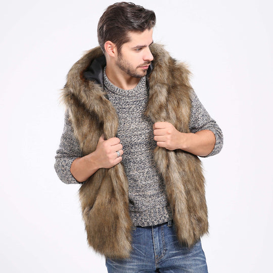 Herren Elegante Kunstpelzjacke mit Kapuze und seitlichen Taschen EB