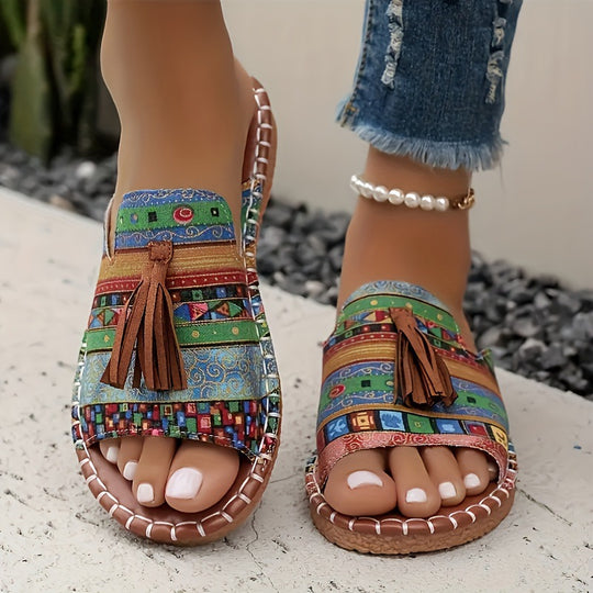 Damen Riemensandalen mit geflochtenem Muster und dekorativen Fransen EB