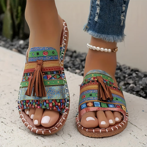 Damen Riemensandalen mit geflochtenem Muster und dekorativen Fransen EB