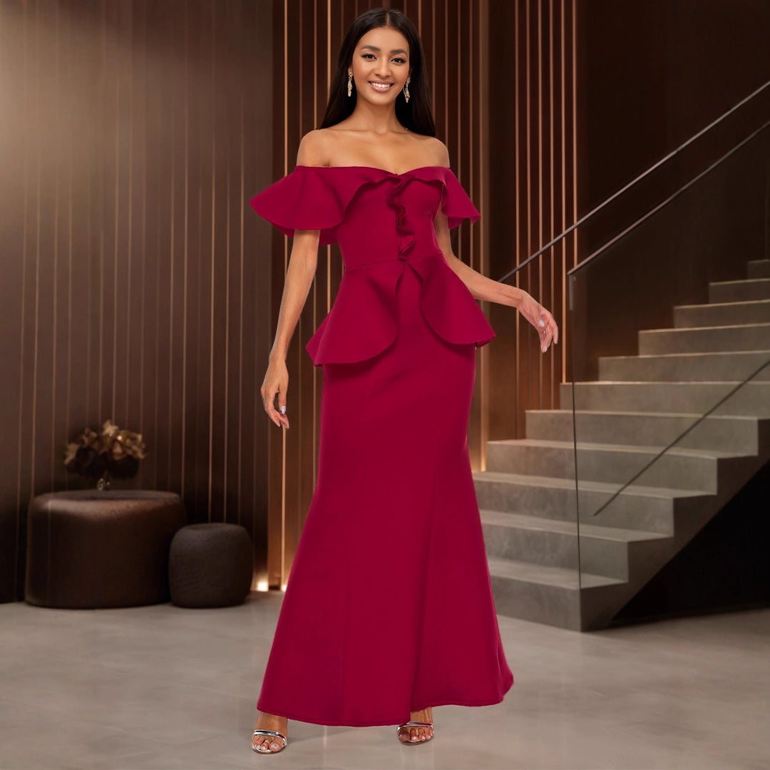 Damen Elegantes Abendkleid mit schulterfreien Rüschen EB