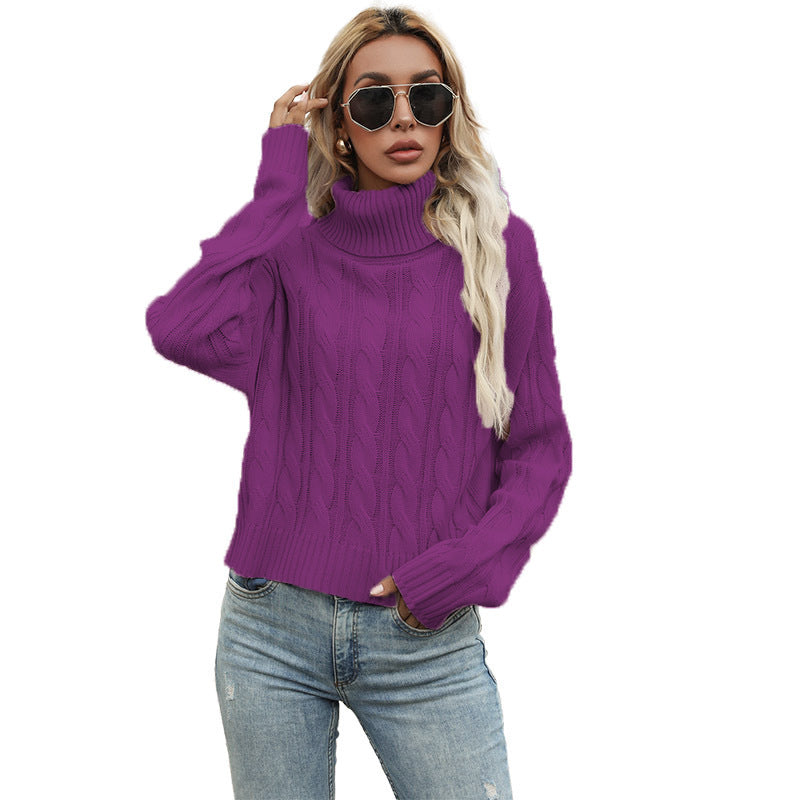 Damen pullover mit hohem Rollkragen und Zopfmuster EB