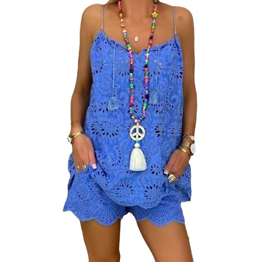 Damen luftiges Sommeroberteil mit Spitze und passenden Shorts EB