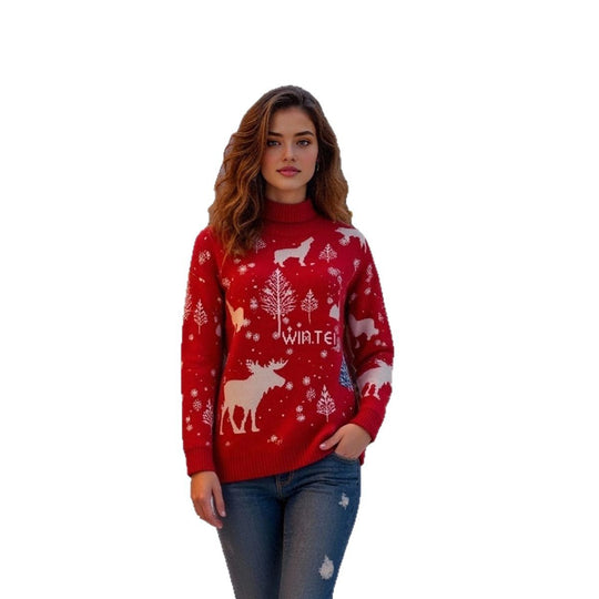 Damen winterlicher Weihnachts-Pullover mit festlichem Elch-Design und hochgeschlossenem Kragen EB
