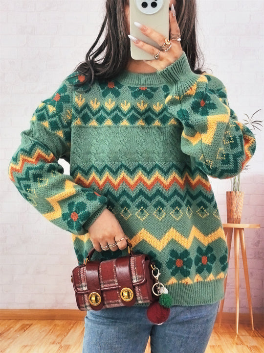 Damen Grobstrickpullover mit buntem Zickzackmuster und floralen Akzenten EB