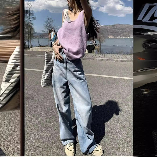 Damen Weite Denim-Hose mit lässigem Schnitt und individuellen Waschungen EB
