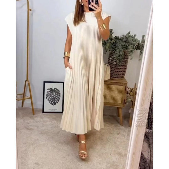 Damen Plissee Maxikleid mit praktischem Taschen und elegantem Schnitt EB