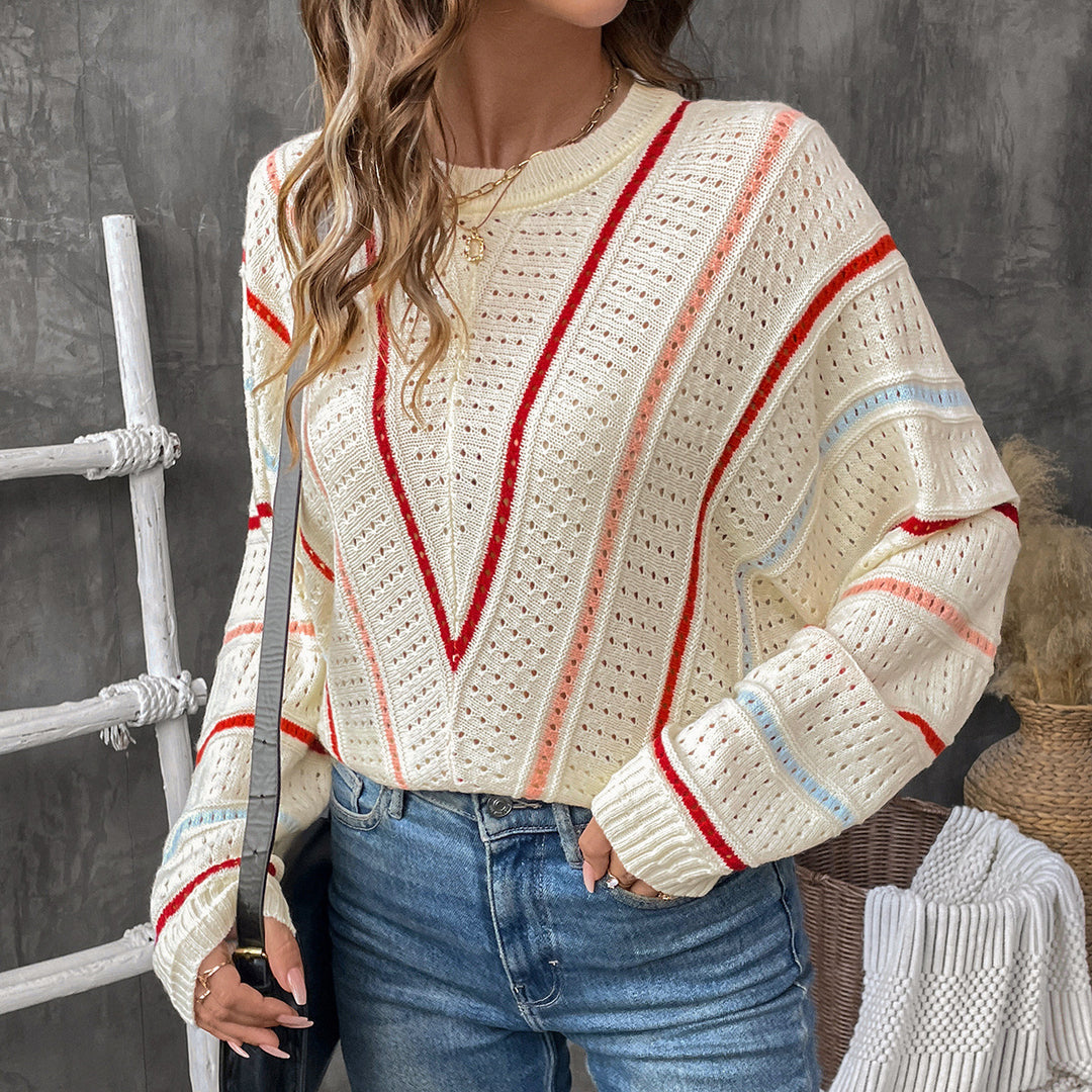 Damen lässiger Strickpullover mit modischem Lochmuster und gestreiftem Design EB
