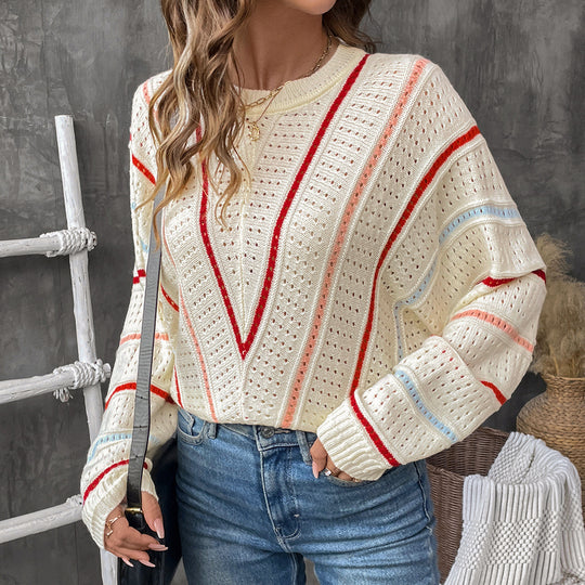Damen lässiger Strickpullover mit modischem Lochmuster und gestreiftem Design EB