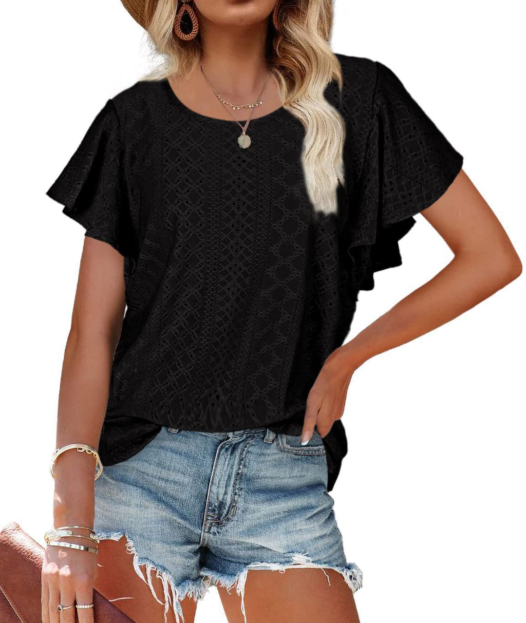 Damen Kurzärmlige Bluse mit Rüschendetails und Lochmuster EB