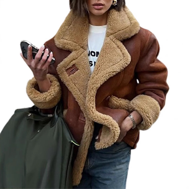 Damen Lässige und modische Teddyjacke mit großem Kragen und weich gefüttertem Innenleben EB