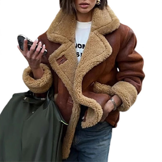 Damen Lässige und modische Teddyjacke mit großem Kragen und weich gefüttertem Innenleben EB