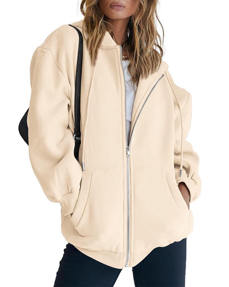 Damen nan Oversize-Zip-Hoodie mit Kapuze Kängurutaschen und weichem French-Terry EB