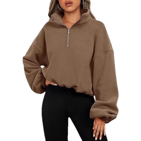 Damen nan kurz geschnittenes Halbzip-Sweatshirt mit hohem Stehkragen, Ballonärmeln und elastischem Saum EB