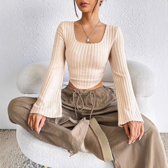 Damen geripptes Crop-Top mit quadratischem Ausschnitt, gewelltem Saum und ausgestellten Ärmeln Eichborn Berlin
