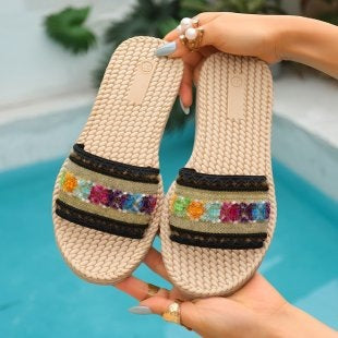 Damen Sommerliche Römersandalen mit dekorativem Blumendetail EB