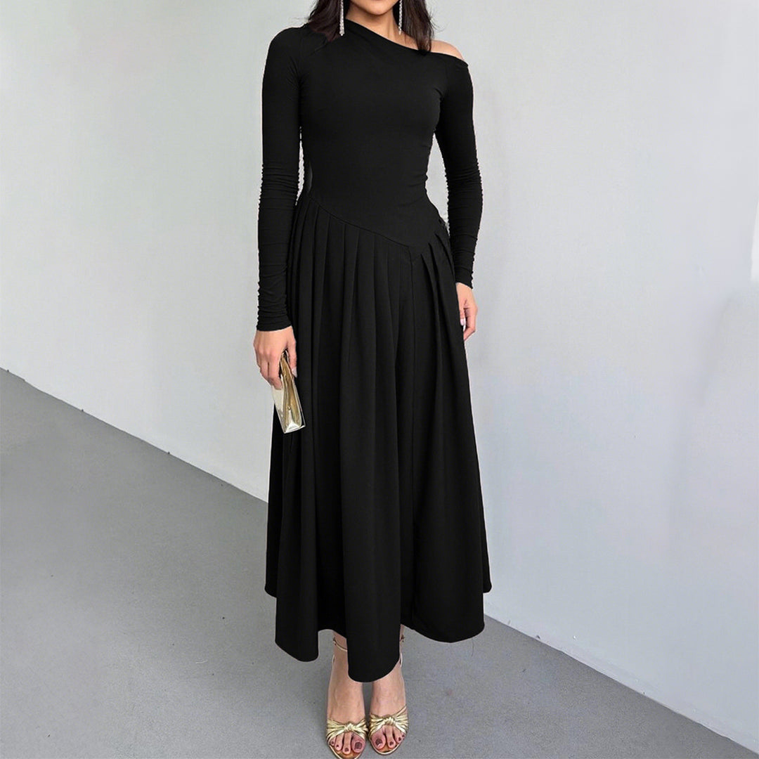 Damen nan asymmetrisches Maxikleid mit plissiertem Rock und figurbetontem Oberteil EB