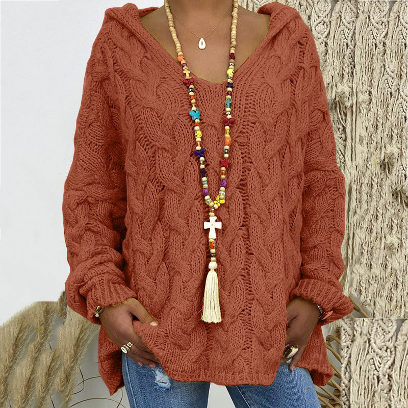 Damen nan grob gestrickter Kapuzenpullover mit Zopfmuster und weitem Oversize-Schnitt EB