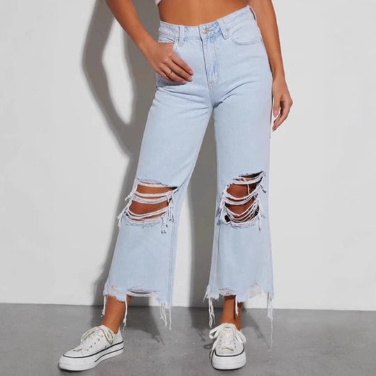 Damen nan cropped-weitjeans mit hoher Taille, ausgefranstem Saum und starkem Knee-Ripping EB