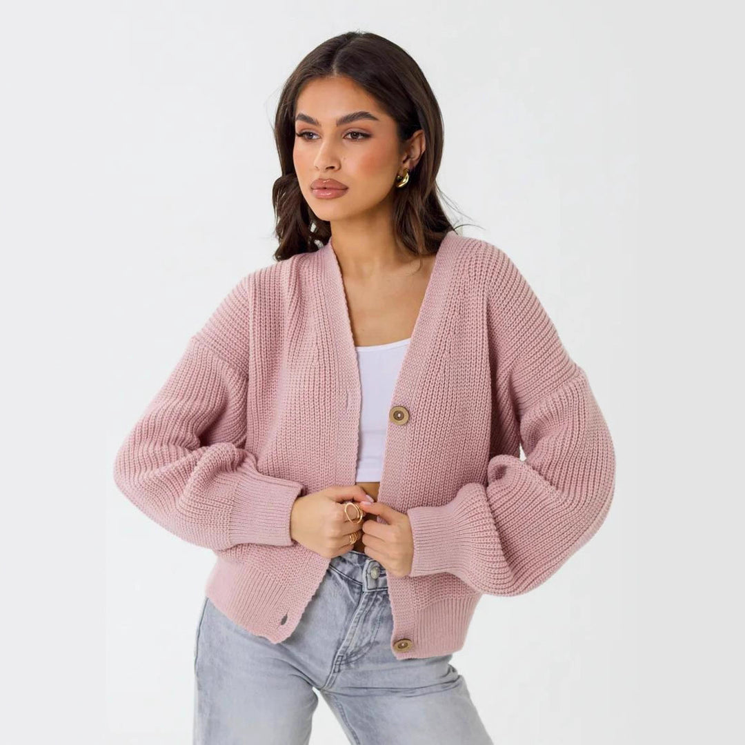 Damen lässiger Strickjacke mit voluminösen Ärmeln und modernen Knopfdetails EB