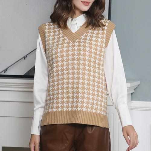 Damen ärmellose Strickweste mit modernem Hahnentrittmuster EB