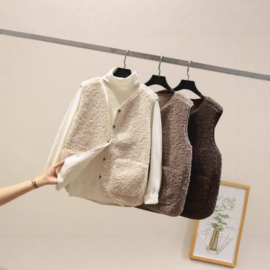 Damen Ärmellose Teddyweste mit Knopfleiste und aufgesetzten Taschen EB
